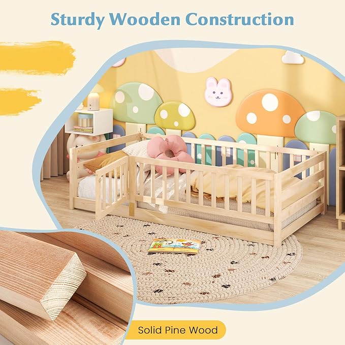 Giantex Twin Floor Bed with High Fence & Door, Montessori Floor Bed with 21.5" Safety Guardrails, Solid Wood Twin Beds Frame for Kids Girls, Boys, Without Slats, Natural