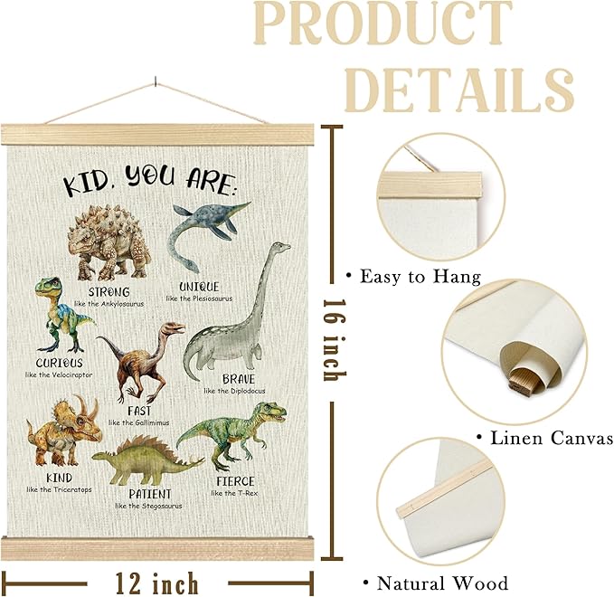 BCUANGD Dinosaur Dino Wall Decor - Inspirational Baby Toddler Boys Room Wall Art Poster Hanger with Wood Frames, Kids Mental Health Wall Hanging Canvas Decor for Home Kids Room Bedroom, 12x16 Inches