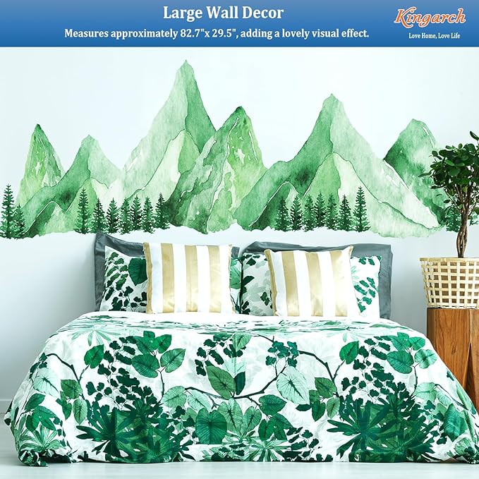 Large Mountain Wall Decals, Teal Green Pine Tree Peel and Stick Vinyl Wall Stickers & Murals, Removable Home Room Wall Decor for Bedroom Living Room Bedroom Classroom Office Nursery