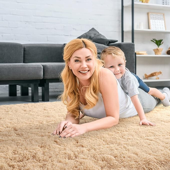 Merelax Soft Modern Indoor Large Shaggy Rug for Bedroom Livingroom Dorm Kids Room Home Decorative, Non-Slip Plush Fluffy Furry Fur Area Rugs Comfy Nursery Accent Floor Carpet 5x8 Feet, Light Tan
