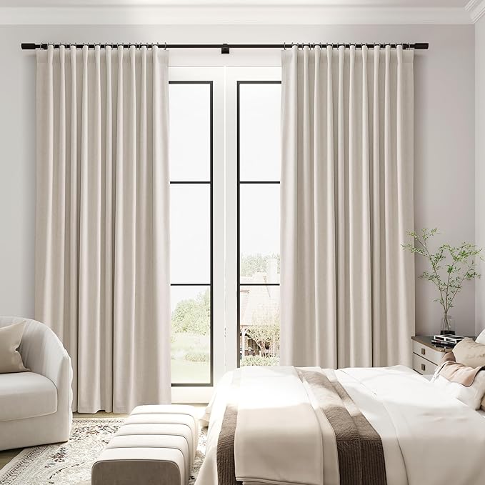 Cream Natural Linen 100% Blackout Kitchen Curtains 45 Inch Length Short Modern Beige Light Blocking Thermal Insulated Soundproof Living Room Basement Small Windows Back Tab Hook Belt 2 Panels 52x45