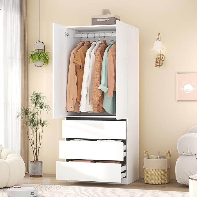 Armoire Wardrobe Closet with Drawers：75" Large White Wardrobe Closet Cabinet with 2 Doors for Hanging Clothes, Modern Wooden Bedroom Armoires with 3 Drawers and Storage (B-Style, 31.5")