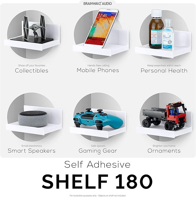 BRAINWAVZ 5.4" Adhesive Small Floating Shelf for Speakers, Books, Plants, Cameras, Toys, Decor & More, Screwless Wall Shelves, Easy to Install (SHELF180, White)