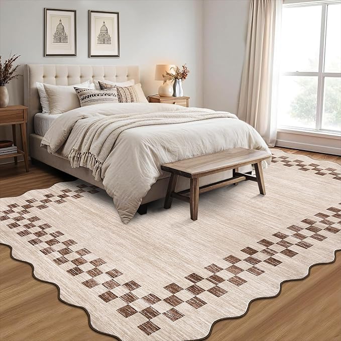 GarveeHome Area Rug 6x9 Large Living Room Modern Border Throw Rug with Rubber Backing Stain Resistant Dining Room Throw Carpet Washable Scalloped Rug for Bedroom Home Decor Office, Beige