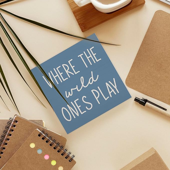 Where The Wild Ones Play Blue Wood Box Sign Desk Decor 5X5, Nursery Kids Room Wooden Block Sign Decorations for Playroom Toddler Boys Girls Room Wall Tabletop Shelf Decor