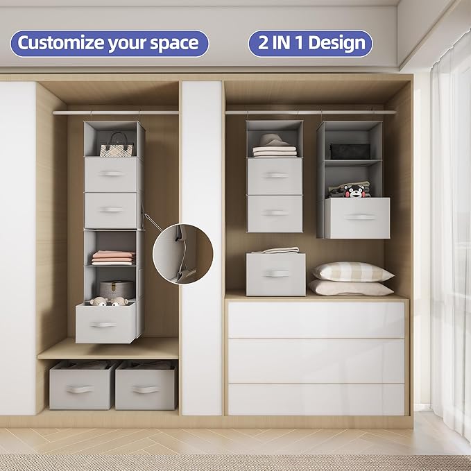 Twira 6-Shelf Hanging Closet Organizer, 2 Separable 3-Shelf Hanging Shelves, Hanging Storage with 3 Removanle Drawers 4 Side Pockets for Wardrobe, Nursery, Drom, Baby Clothes Organization Light Grey