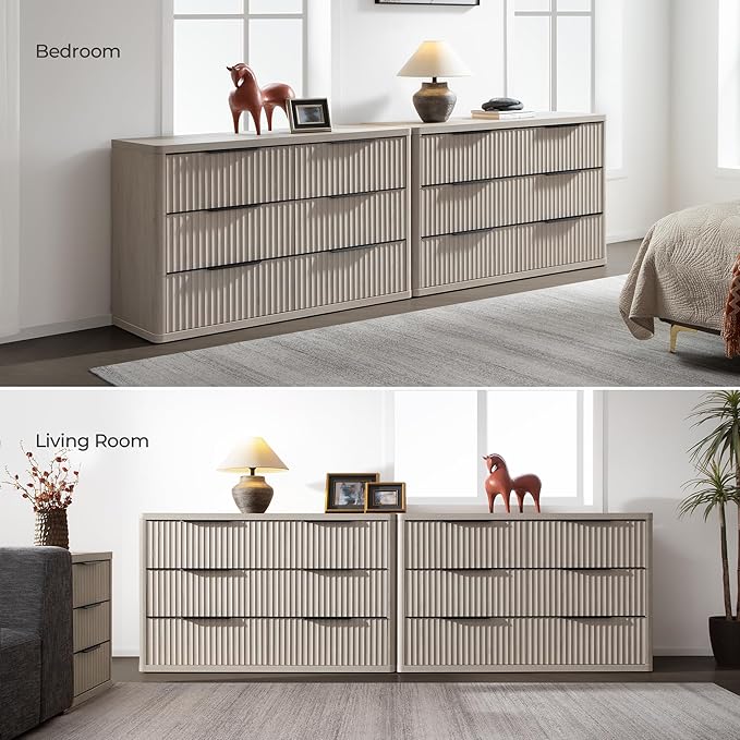 SICOTAS Dresser for Bedroom 53.5" Wide 6 Drawer Dressers & Chests of Drawers for Closet Long Large Modern TV Stand Set for Clothes Storage Fluted Clothes Closet for Hallway Entryway, White Alder