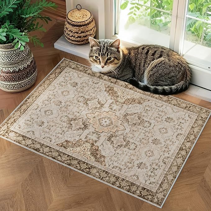 AMTOVO 2x3 Washable Entryway Area Rug Door Mat, Vintage Boho Distressed Print Pattern Non-Slip Carpet, Small Throw Rug for Indoor Entrance Kitchen Bedroom Bathroom Laundry Floor, Light Brown