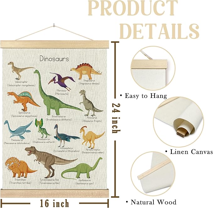 BCUANGD Dinosaur Dino Wall Decor - Toddler Boys Room Wall Art Poster Hanger with Wood Frames, Inspirational Wall Hanging Canvas Decor for Kids Baby Room Nursery Bedroom, 16x24 Inches