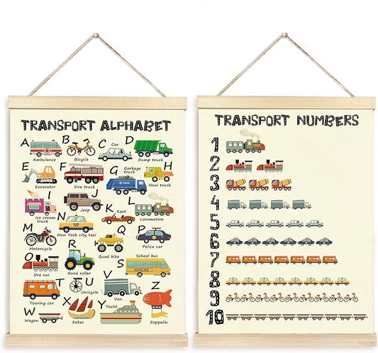 CGBHW Educational Transport Alphabet Numbers Poster Hanger Frame Set of 2 12x16, Vehicle Construction Learning Posters Wall Art Hanging Decor for Toddler Boy Kids Room Playroom Nursery