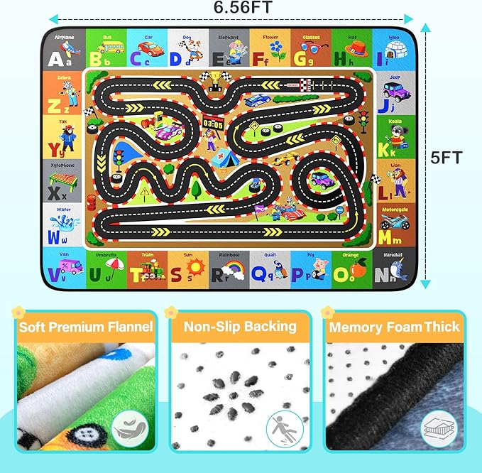 Race Track Car Rug 5x7FT Road Rug for Kids Toy Cars Non-Slip Play Carpet Baby Play Mat for Floor Washable ABC Alphabet Playroom Nursery Preschool Daycare Classroom Carpet