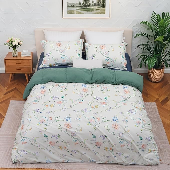 MAGRACE Duvet Cover Full Size, Reversible Floral Rose Comforter Cover Set with Zipper Closure, Farmhouse Style 3 Pieces Botanical Patterns Soft Microfiber Bedding Set with 8 Ties