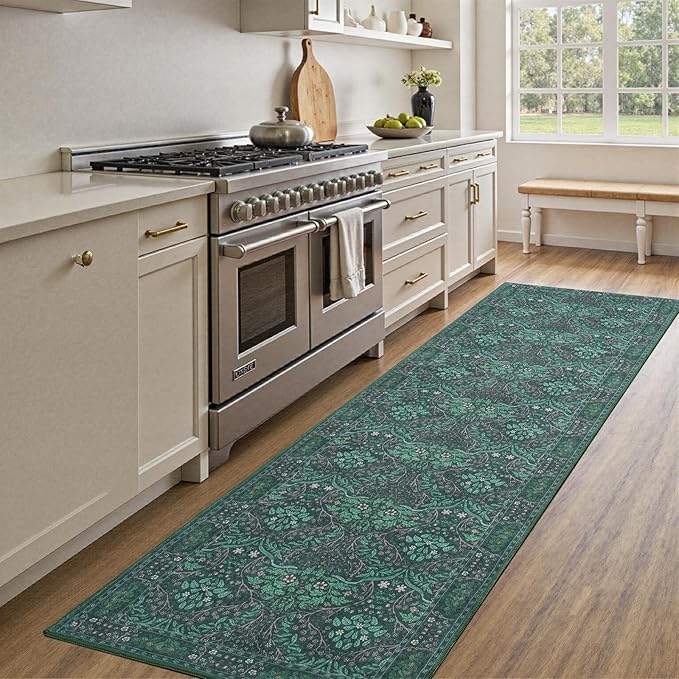 Dark Green 2x6 Washable Kitchen RunnerRug，Rubber Backed Runner Rugs，Vintage Soft Low Pile Long Carpet for Kids Room Non-Slip Stain Resistant Runner for Bathroom Hall Kitchen Office Stair
