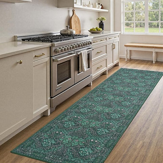 Dark Green 2x6 Washable Kitchen RunnerRug，Rubber Backed Runner Rugs，Vintage Soft Low Pile Long Carpet for Kids Room Non-Slip Stain Resistant Runner for Bathroom Hall Kitchen Office Stair