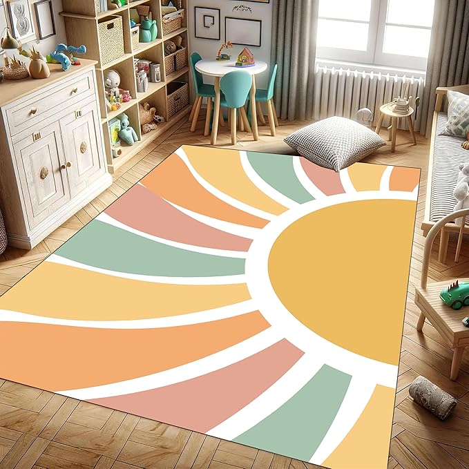 Machine Washable Rainbow Rugs Bedroom Fluffy Plush Soft Area Rugs Rainbow Sunshine Sun Print Living Room Non-Slip Indoor Flooring Kids Girls Boys Home Decor Aesthetics 3x4ft