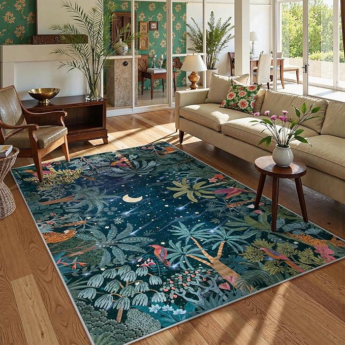 Lahome Midnight Jungle Green Rug, Washable Rugs 5x7 for Bedroom Aesthetic, Soft Animal Print Office Area Rug Botanical Stain Resistant Non Slip Dining Room Carpet for Under Table Living Room
