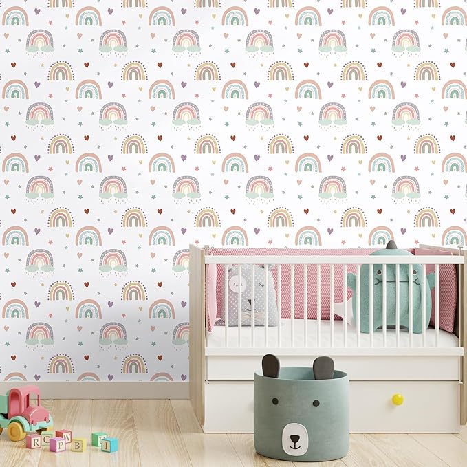 CHIHUT Boho Rainbow Wallpaper 17.7”x100” Kids Wallpaper Stick and Peel for Girls Bedroom Self Adhesive Removable Baby Room Cute Colorful Wall Paper Decorative Boho Contact Paper for Classroom