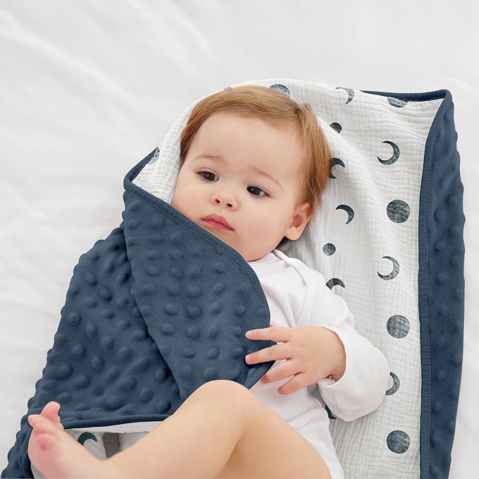 Susurration Baby Blanket for Unisex Boys Girls, Soft Nursery Minky Blanket with Muslin Cotton Front and Dotted Fleece Back, Receiving Blanket for Baby Newborn Infant, 30x40inch (Bluemoon)