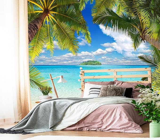 XMPMBM-Beach Palm Tree backsplash Large Decorative Wallpaper Tropical Palm Leaf Bedroom Bathroom Wall Mural- W 132" X H 92"（93 Square Foot）