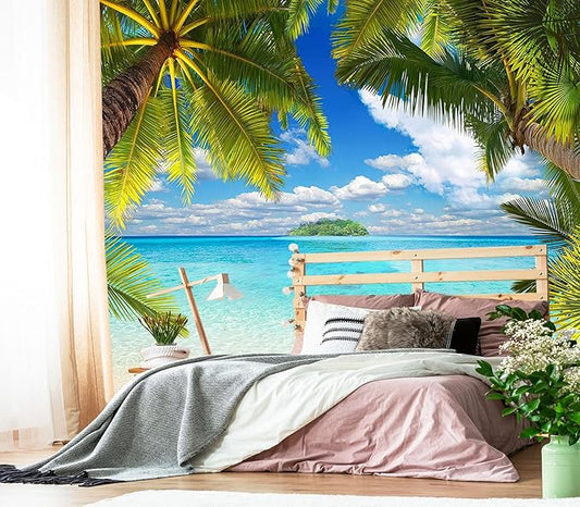 XMPMBM-Beach Palm Tree backsplash Large Decorative Wallpaper Tropical Palm Leaf Bedroom Bathroom Wall Mural- W 154" X H 105"（112 Square Foot）