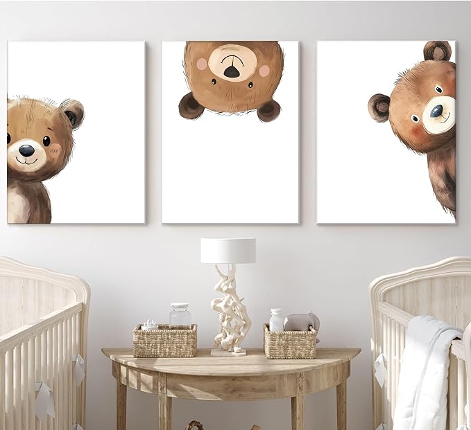 3Pcs Baby Teddy Bear Nursery Wall Art Peeking Bear Pictures Wall Decor Peekaboo Kids Room Decor Woodland Animal Posters Neutral Nursery Painting Canvas Print Artwork for Children's Baby Room Bedroom