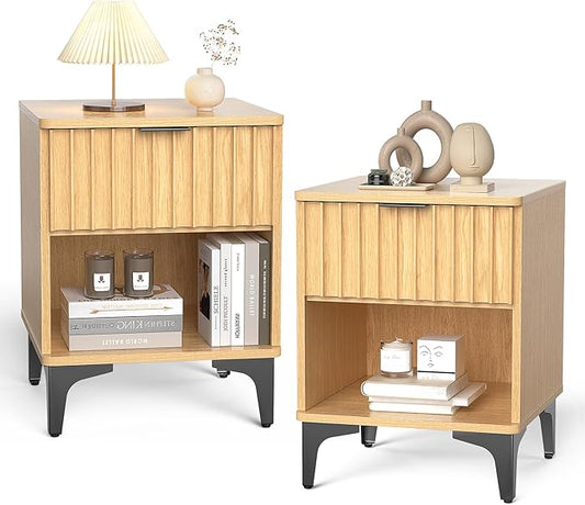 Night Stand, Two-Tier Modern Bedside Table with Open Shelf (Natural)