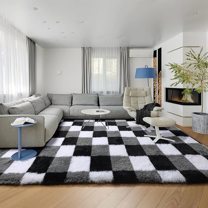 KICMOR 8x10 Area Rugs for Living Room, Large Fluffy Soft Black White Grey Checkered Shag Shaggy Bedroom Carpet, Big Fuzzy Plush Floor Rug for Kids Boys Girls Room Dorm Nursery Home Decor Aesthetic