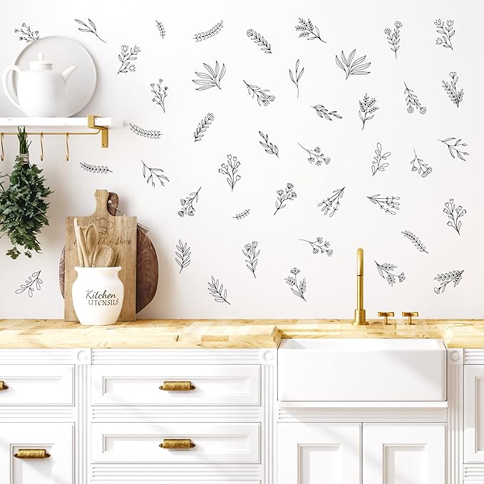Small Black Flowers Peel and Stick Wall Decals - Set of 88 Flower Wall Stickers - 1"-4" Flower Wall Decor Floral Wall Decals