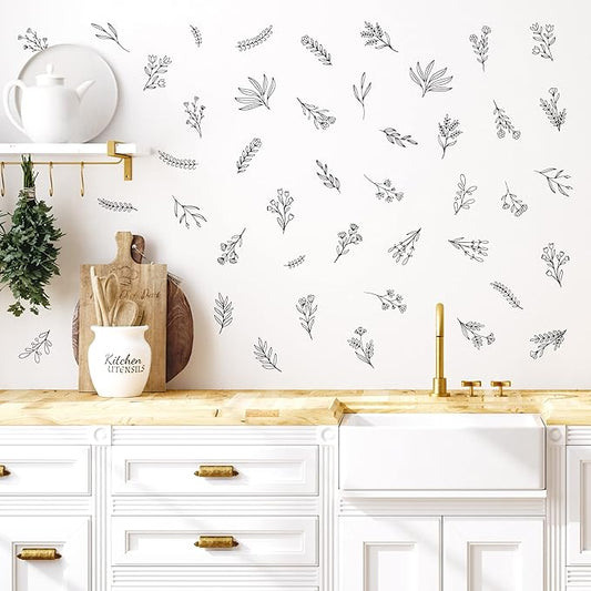 Small Black Flowers Peel and Stick Wall Decals - Set of 88 Flower Wall Stickers - 1"-4" Flower Wall Decor Floral Wall Decals