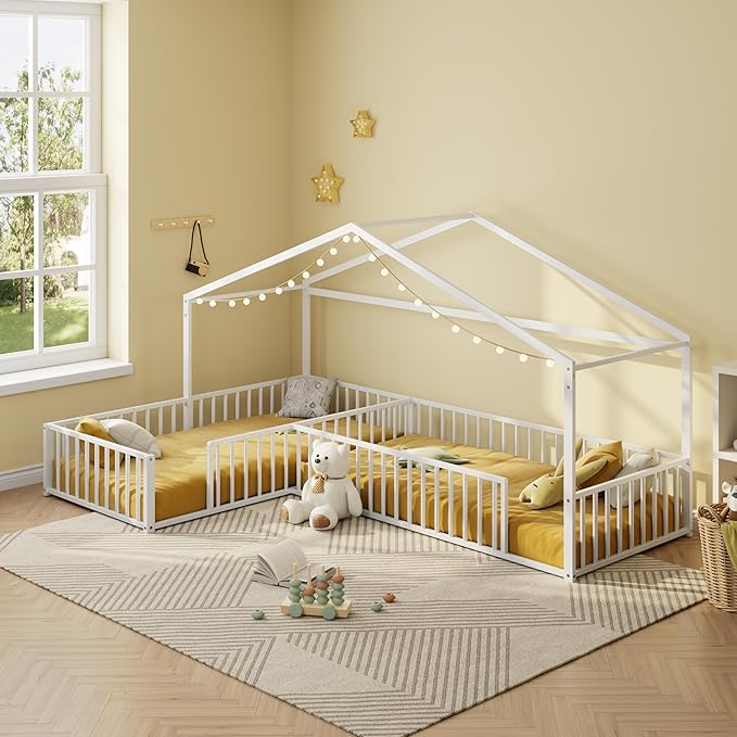 SOFTSEA Twin Size L-Shaped House Floor Bed, Metal Montessori Bed Frame with Fence Guardrails, Double Twin Corner House Bed for 2 Kids, No Slats Included, Box Spring Needed, Easy Assembly, White