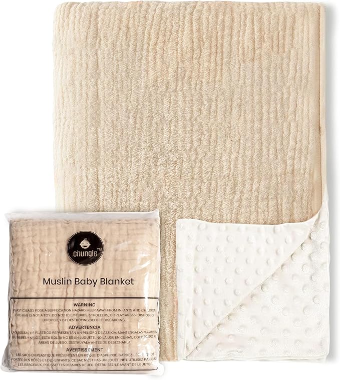 Chungie Soft Baby Blanket 40x30 inches – 100% Cotton Muslin Front & Plush Minky Fleece Back, Multi-Layer Blanket for Baby Boys & Girls, Nursery Bed Blanket, Newborn & Toddler Use