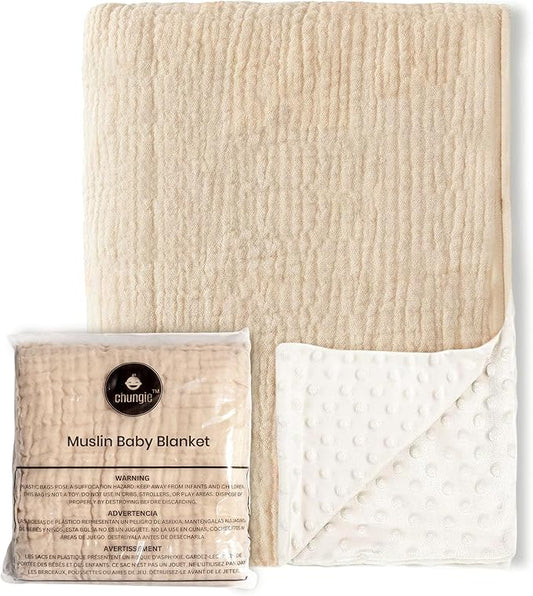 Chungie Soft Baby Blanket 40x30 inches – 100% Cotton Muslin Front & Plush Minky Fleece Back, Multi-Layer Blanket for Baby Boys & Girls, Nursery Bed Blanket, Newborn & Toddler Use