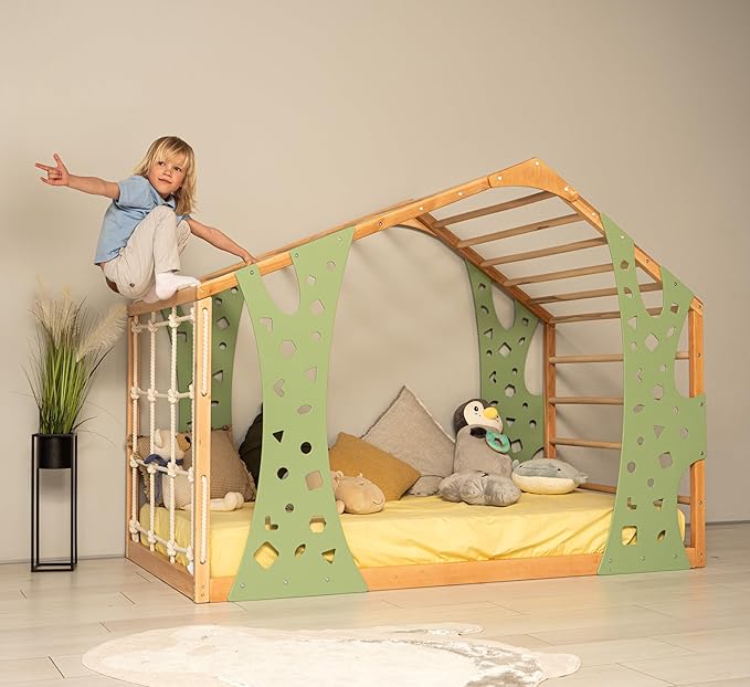 BUSY WOOD Climbing Bed for Toddler Monkey - Montessori Floor Bed Frame Jungle Gym - Twin, Full Bedframe
