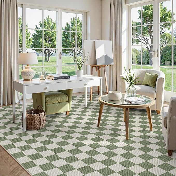 LIVEBOX 9x12 Area Rugs for Living Room, Checkered Non-Slip Washable Rugs, Farmhouse Neutral Classic Geometric Large Boys Area Rug for Bedroom, Carpet for Living Dining Room Office(Sage Green,9'x12')