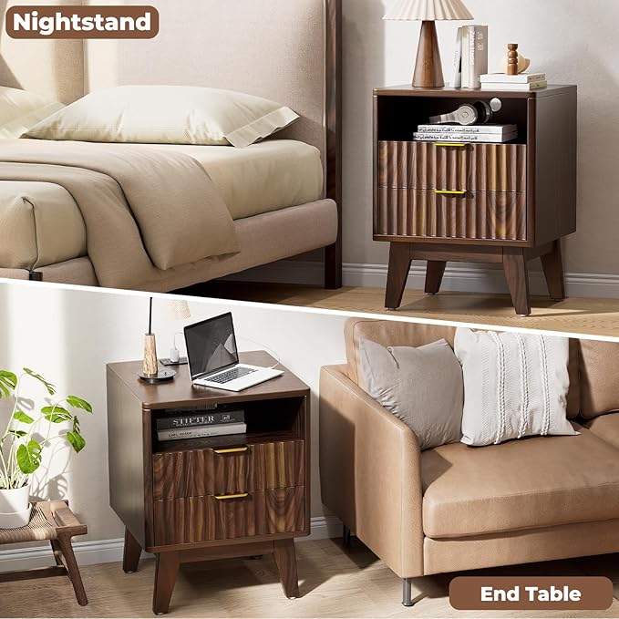 Nightstands with Charging Station, Modern Fluted 2 Drawers End Tables, Side Tables with Storage Shelf for Bedroom, Office, Walnut