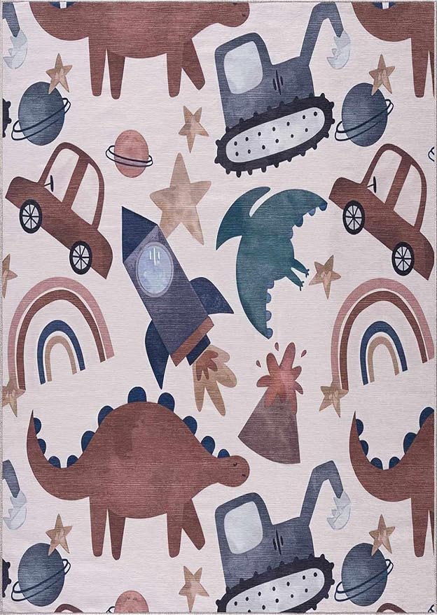 Hauteloom Libra Living Room, Bedroom Machine Washable Area Rug - Dinosaur, Car - Beige, Brown, Terracotta - 7'10" x 10'2"