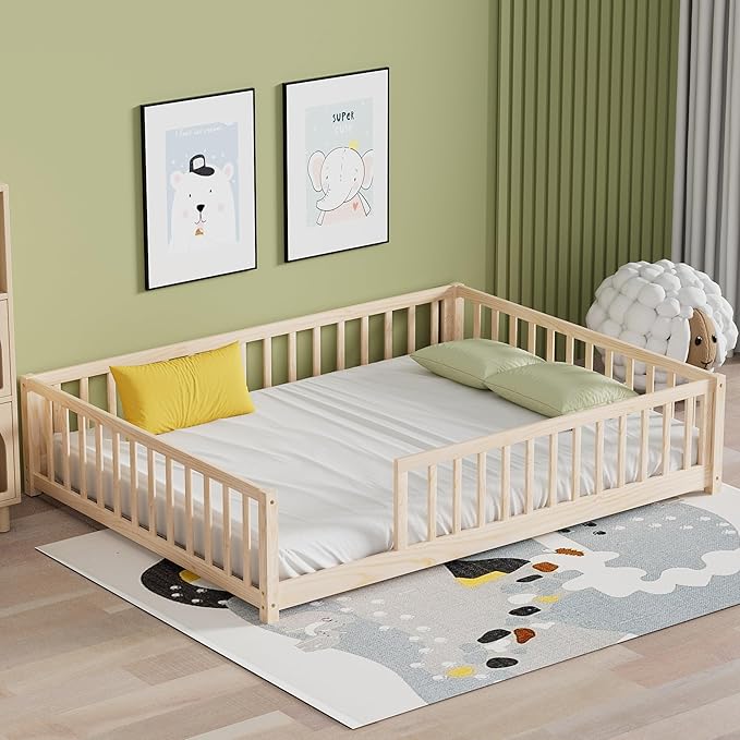 LLS Full Floor Bed for Kids Toddlers, Solid Wood Multifunctional Montessori Bed Frame with Safety Guardrails, Without Door, Easy Assemble, Natural