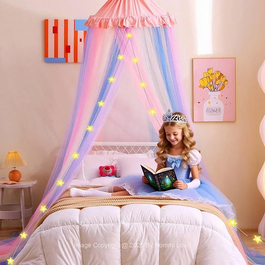 Rainbow Bed Canopy for Girls with Stars Lights, Princess Canopy Bed Curtains for Twin, Full, Queen Size Bed Hanging Canopy for Girls Room Decor, Kids Sheer Canopy Curtain