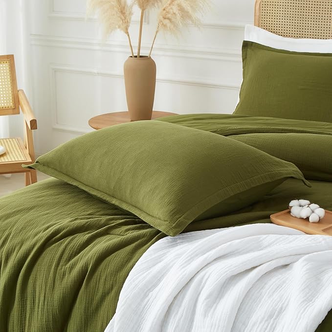 Muslin Comforter Set King Size, Cotton Cover & Polyester Filling, Breathable & Linen Like & Suitable for All-Season Use,3 Pieces(1 Comforter 104"x90", 2 Pillow Shams 20"x36"), Olive Green