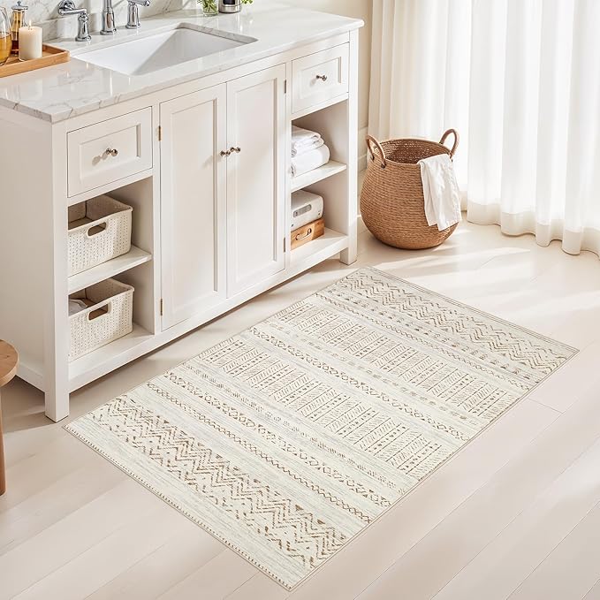 Area Rugs for Living Room Washable Living Room Rug Soft Neutral Indoor Floor Carpet Non-Slip Stain Resistant Modern Boho Rugs for Bedroom Dining Room Kids Room Nursery Office Home Brown Cream