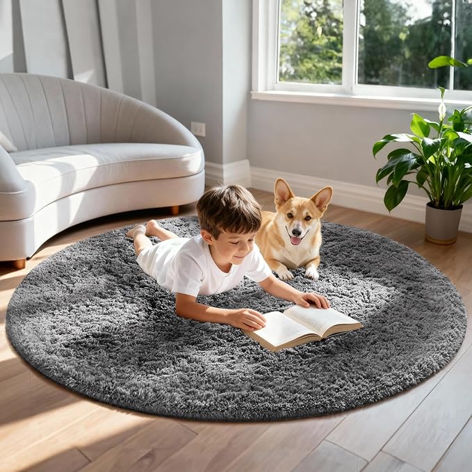 Ophanie Round Rugs 6Ft Grey Circle Area Rug, Fluffy Fuzzy Bedroom Carpet, Plush Soft Shaggy Indoor Floor Gray Living Room Rugs for Kids Home Decor Aesthetic, Nursery