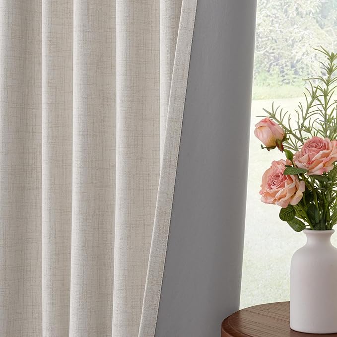 INOVADAY 100% Blackout Curtains for Bedroom, Black Out Curtains 96 Inch Long, Clip Rings Linen Blackout Drapes, Thermal Insulated Room Darkening for Living Room, 2 Panels - Beige,W50xL96