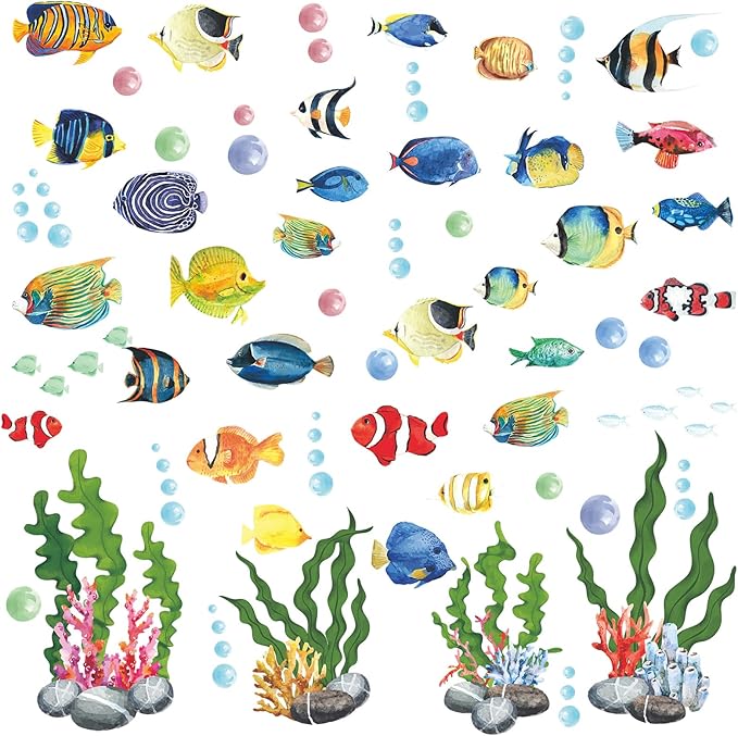 60 Pieces Under The Sea Wall Decals, Ocean Fish Large Coral Reef Seaweed Removable Stickers for Kids Baby Boys Bedroom Nursery Living Room Toddler, Peel and Stick Underwater Sea Stickers