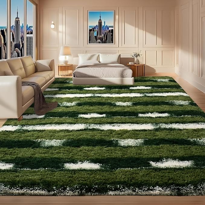 6x9 Feet Area Rugs for Living Room Bedroom,Green and White Machine Washable Soft Fluffy Shaggy Indoor Rug, Floor Carpet for Girls Boys Kids, Dorms, Nursery Rooms, Home Decor Aesthetic