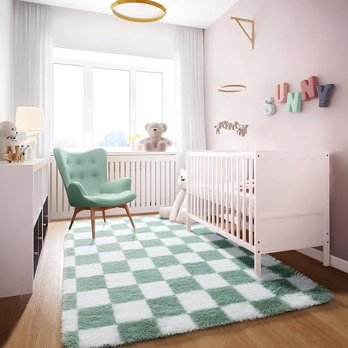 KICMOR 4x6 Rug for Bedroom Living Room, Fluffy Sage Green and White Checkered Area Rugs, Fuzzy Shag Shaggy Floor Carpet Soft Plush Checkerboard Rug for Children Kids Boys Room, Nursery, Classroom