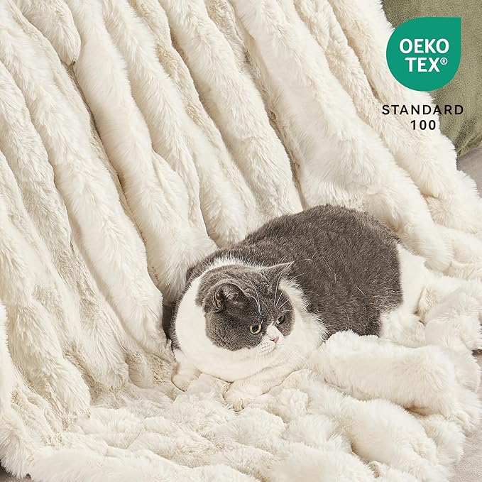 JELLYMONI Plush Duvet Cover Set - Twin Size Beige Faux Fur Comforter Cover 2pcs Bedding Set Luxury Ultra Soft Striped Fluffy Duvet Cover with Zipper and 1 Pillowcase (NO Comforter)