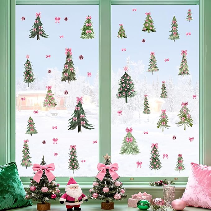 Christmas Tree Window Decals Small Pine Trees Wall Stickers Pink Bow Trees Windows Decals Watercolor Winter Green Tree Wall Stickers Removable Xmas Holiday Windows Decoration for Party Supplies