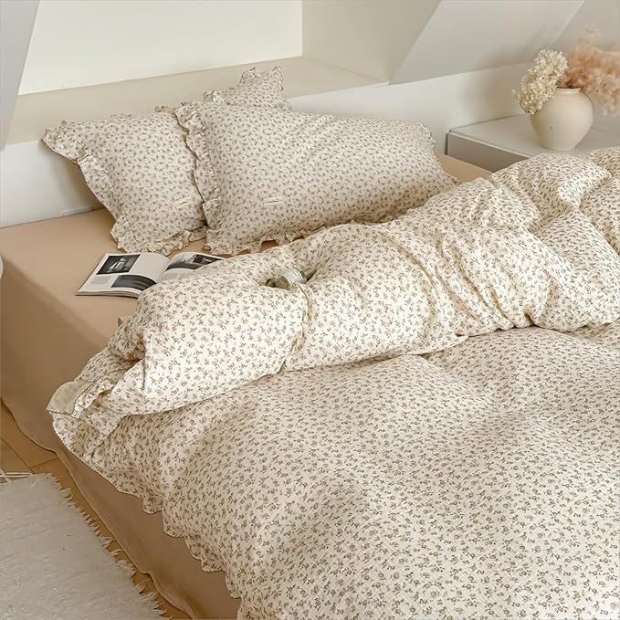 AOJIM Muslin Cotton Kids Duvet Cover with Ruffled Edges for Boys Girls, 1 Piece Soft Pure Cotton Comforter Cover Twin Size 68X86'', Camellia Kids Bedding Duvet Cover for Room Decor, No Quilt/Pillow