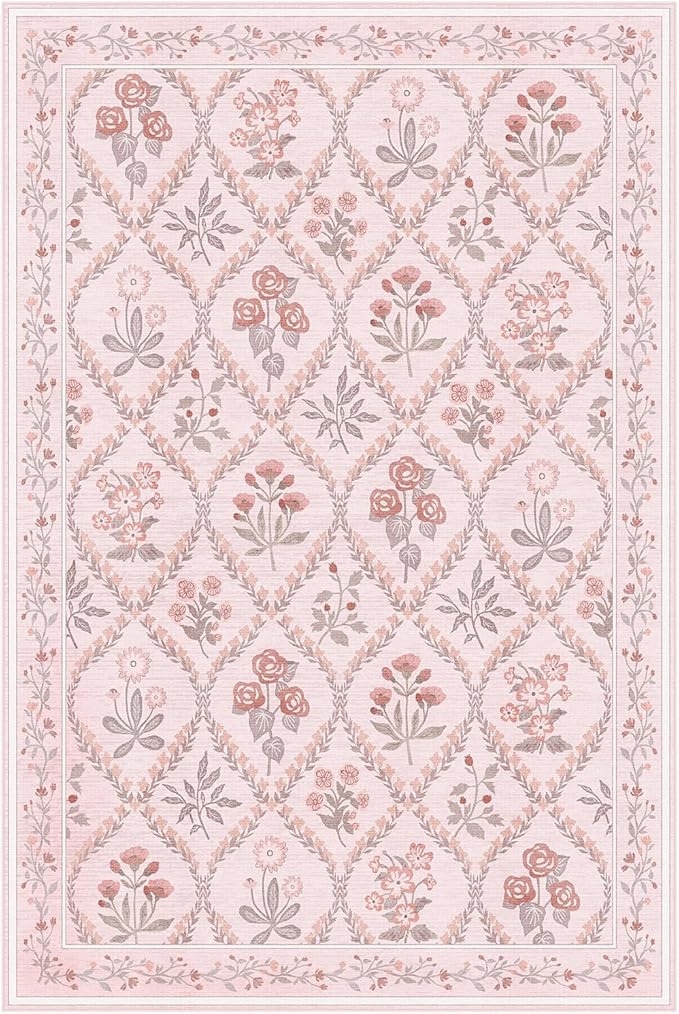 Pink Rugs for Bedroom Girls, 4x6 Floral Washable Area Rug Non Slip, Soft Indoor Decor Elegant Carpet for Kids Room Nursery Living Room Dining Room, Pink Multi