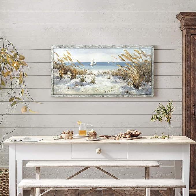 Framed Ocean Wooden Wall Art: Coastal Oil Painting Style 48"x24" Ocean Pictures Seascape Art Beach Prints Artwork for Office